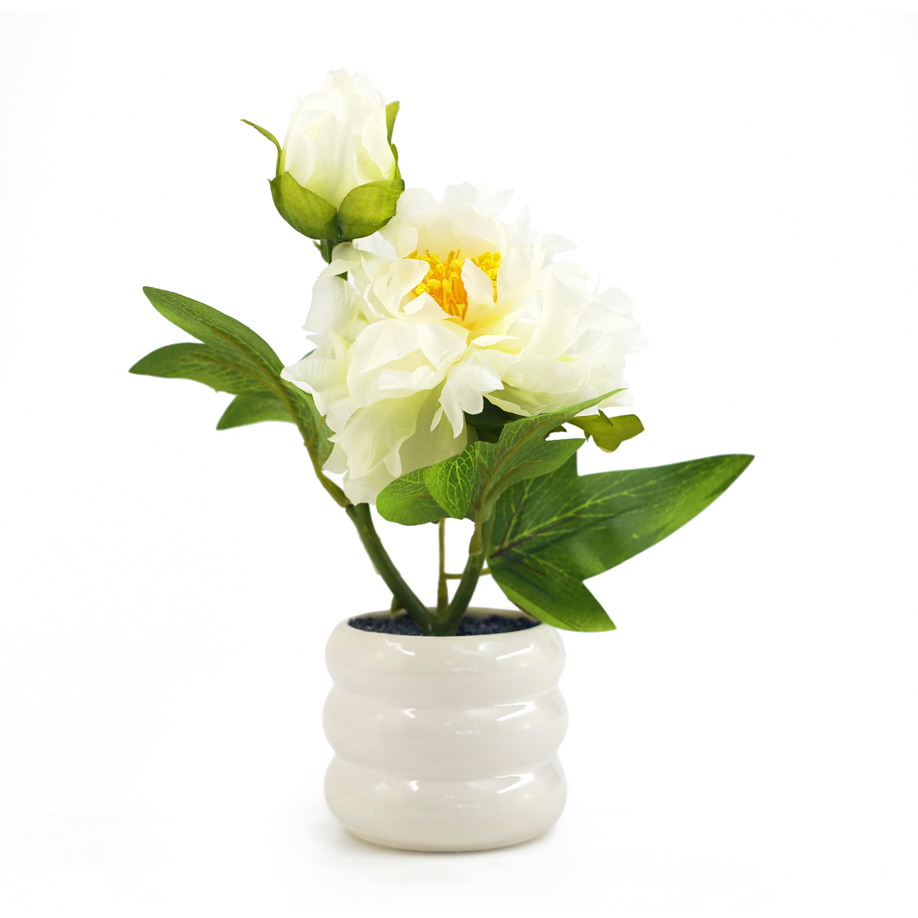 Boquetx Lifelike White Peony Artificial Flower Arrangement in Ceramic Pot for Home Office Decoration 9 x 6 inch