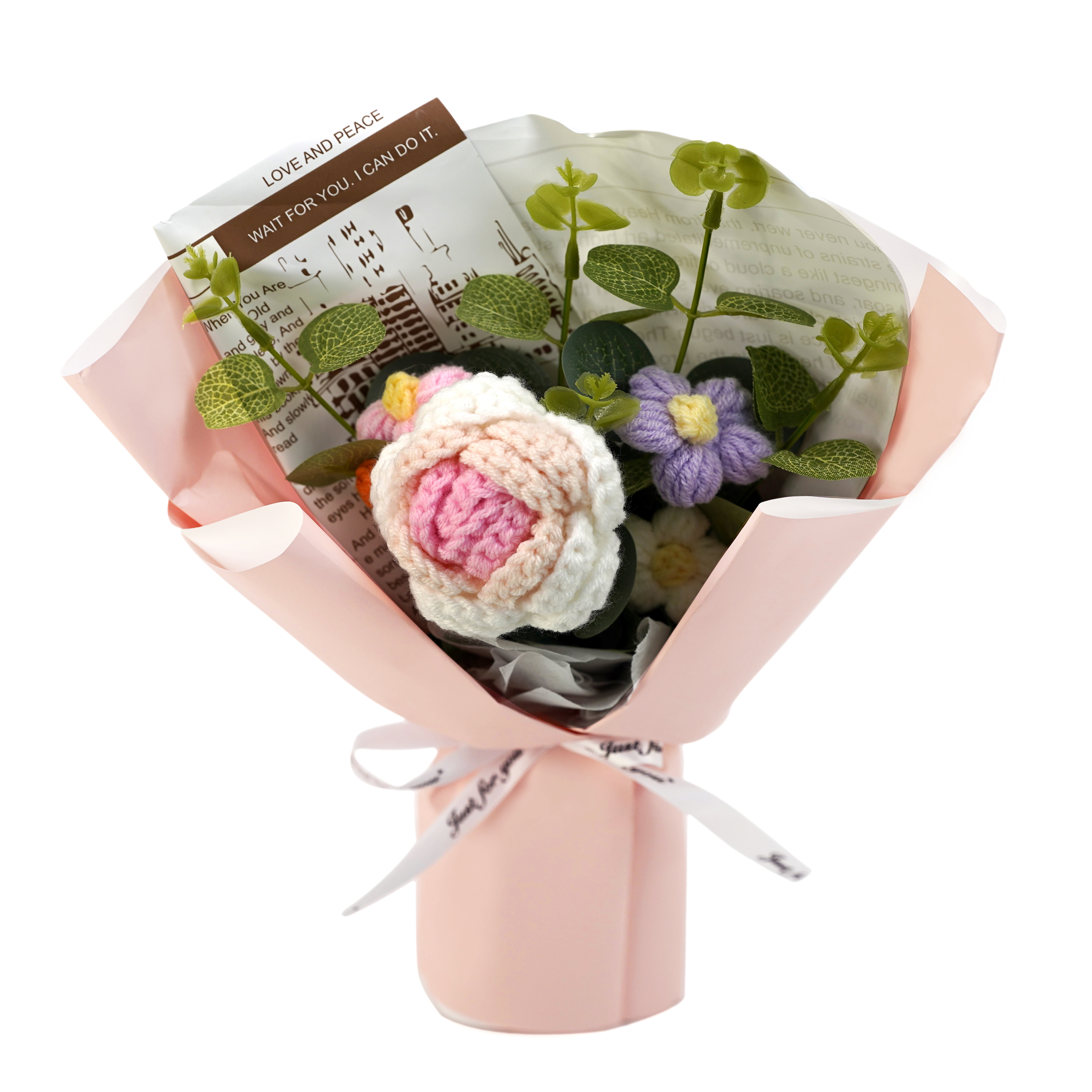 Boquetx Handmade Knitted Pink Rose Artificial Flower Bouquet 30x20cm
