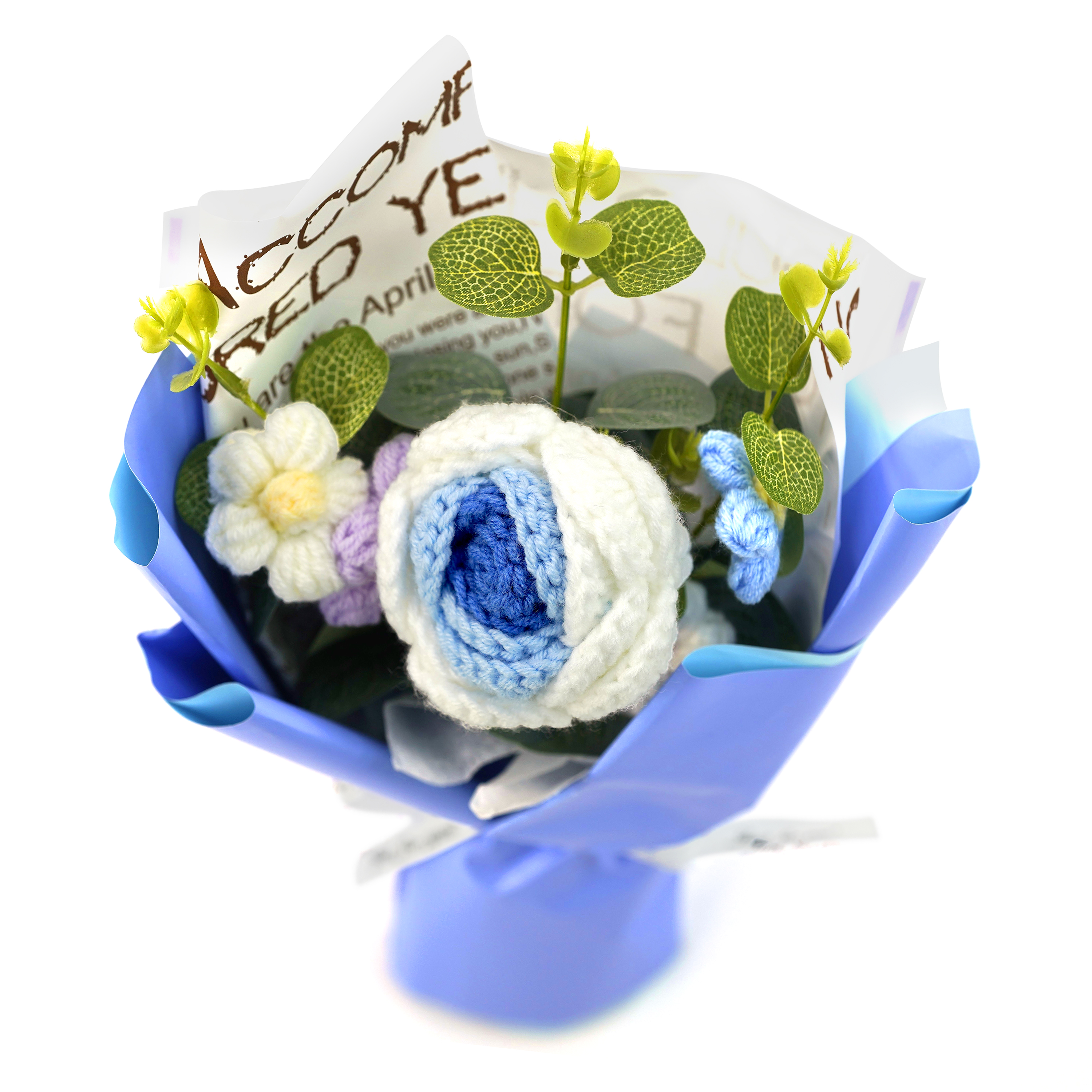 Boquetx Handmade Knitted Blue Rose Artificial Flower Bouquet 30x20cm