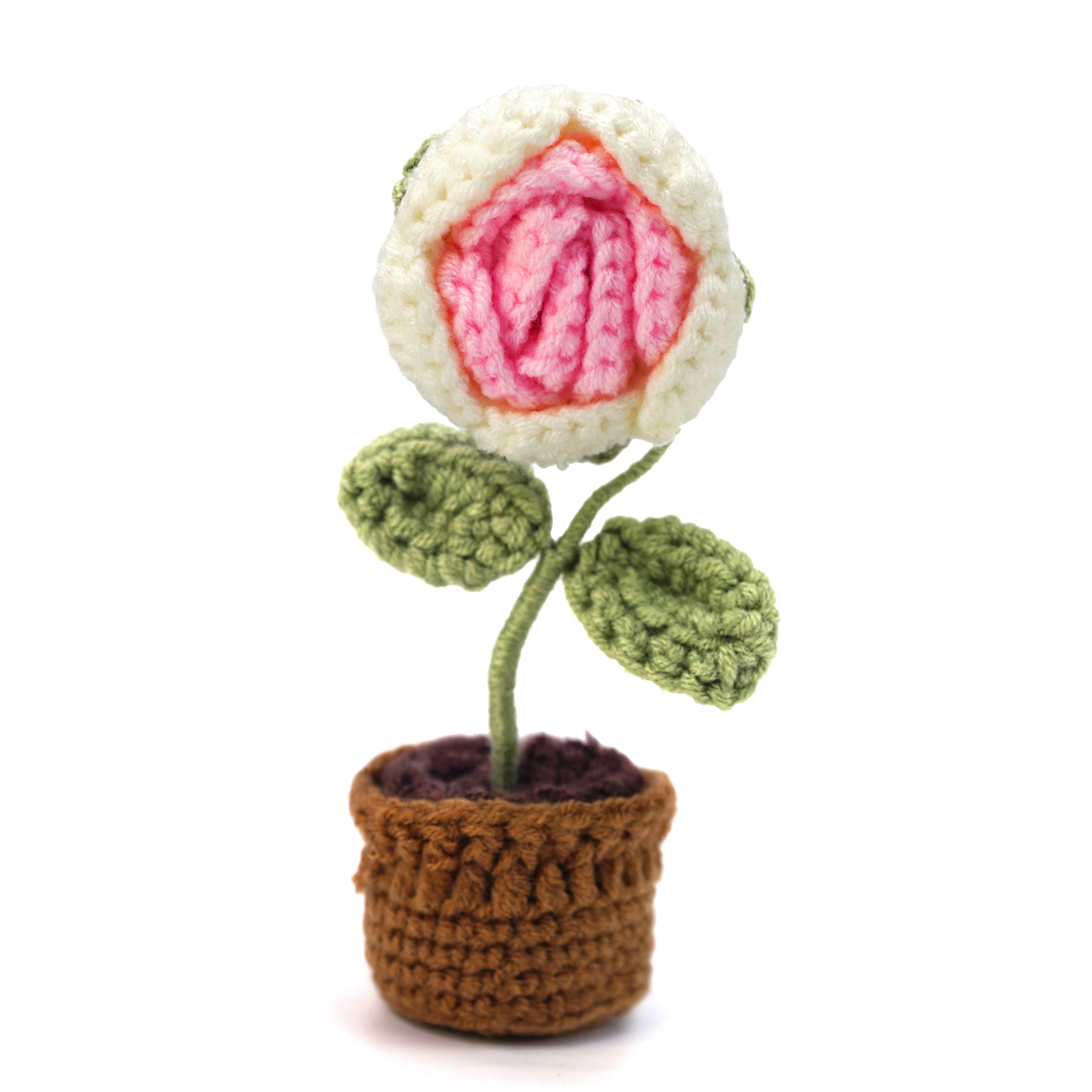 Boquetx Artificial Flowers Handmade Knitting Potted Pink Rose 15cm Tall