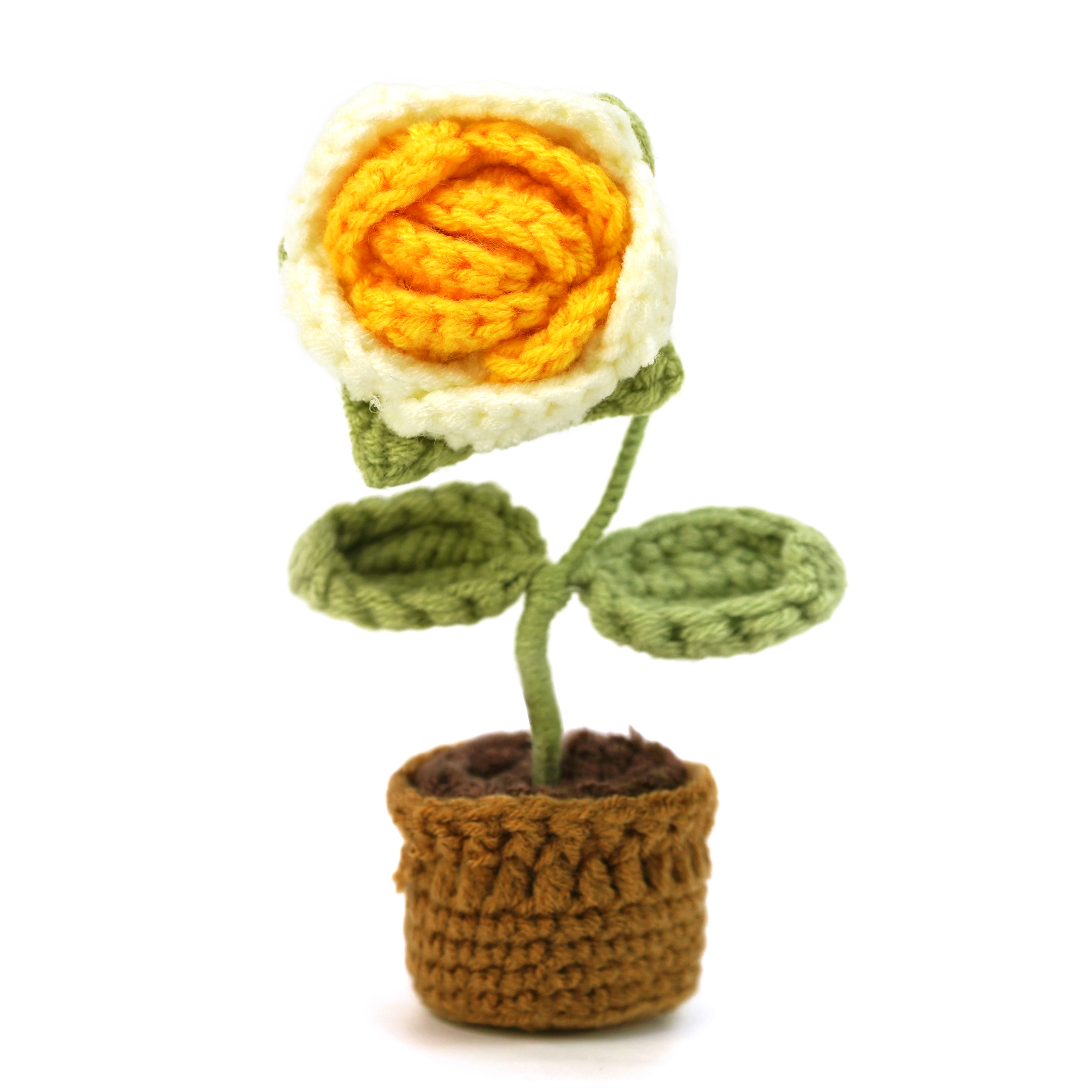 Boquetx Artificial Flowers Handmade Knitting Potted Yellow Rose 15cm Tall