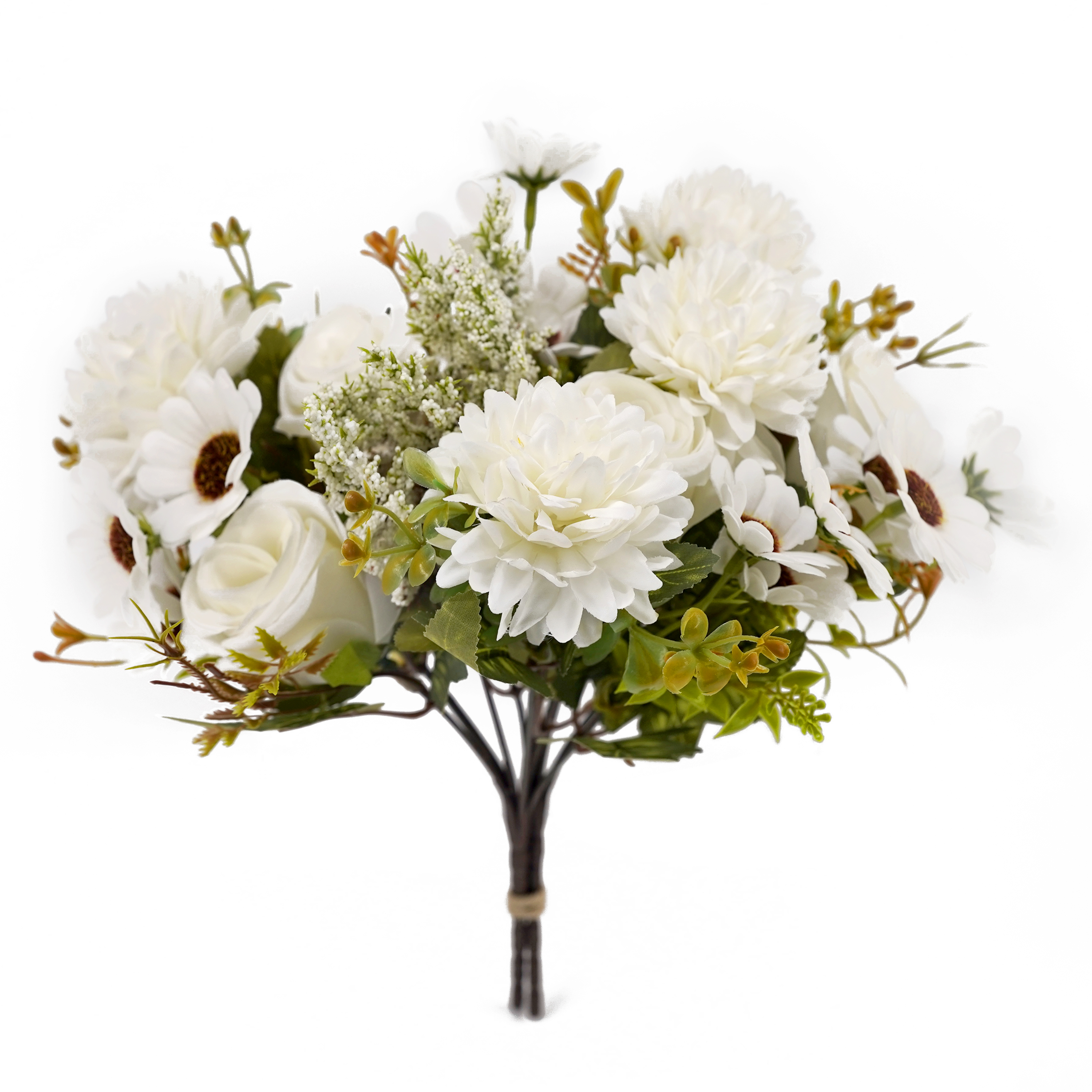 Boquetx Well-matched Flower Arrangement 2 Branches White Rose mix Pompon mums Assorted Artificial Flowers