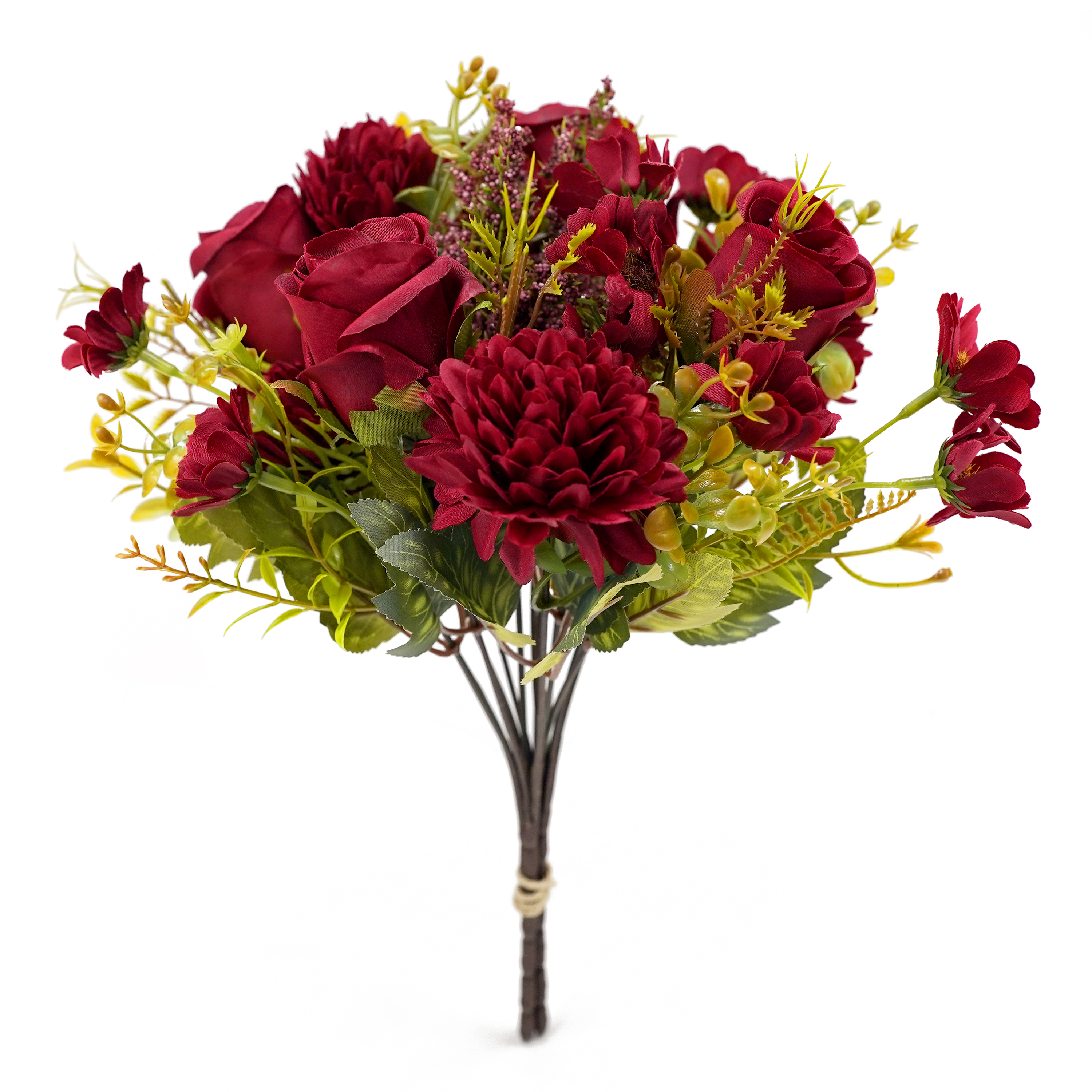 Boquetx Well-matched Flower Arrangement 2 Branches Red Rose mix Pompon mums Assorted Artificial Flowers