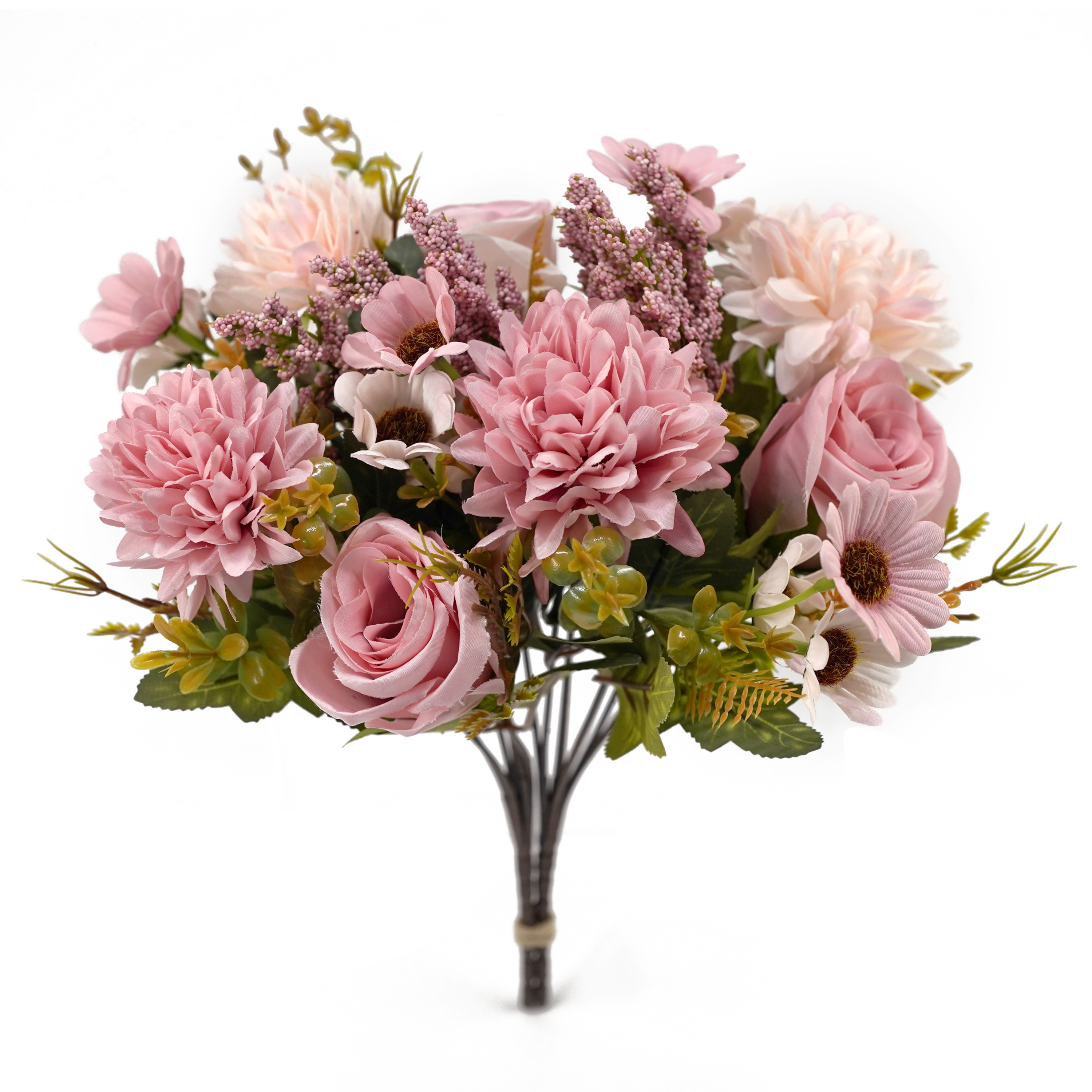 Boquetx Well-matched Flower Arrangement 2 Branches Pink Rose mix Pompon mums Assorted Artificial Flowers