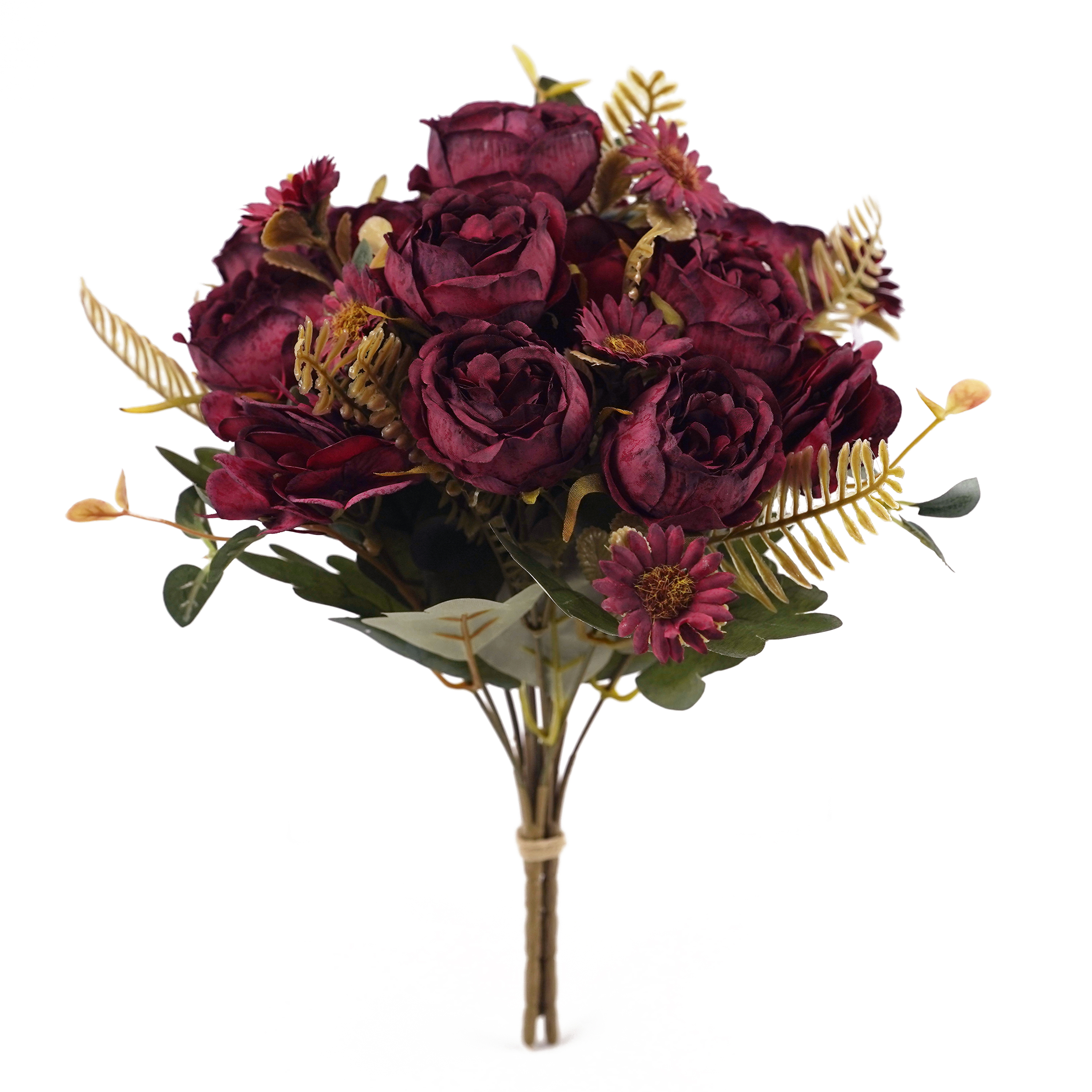 Boquetx Artificial Flower Arrangement 3 Branches Wine Red Blooming Peony mix Daisy 30cm Tall