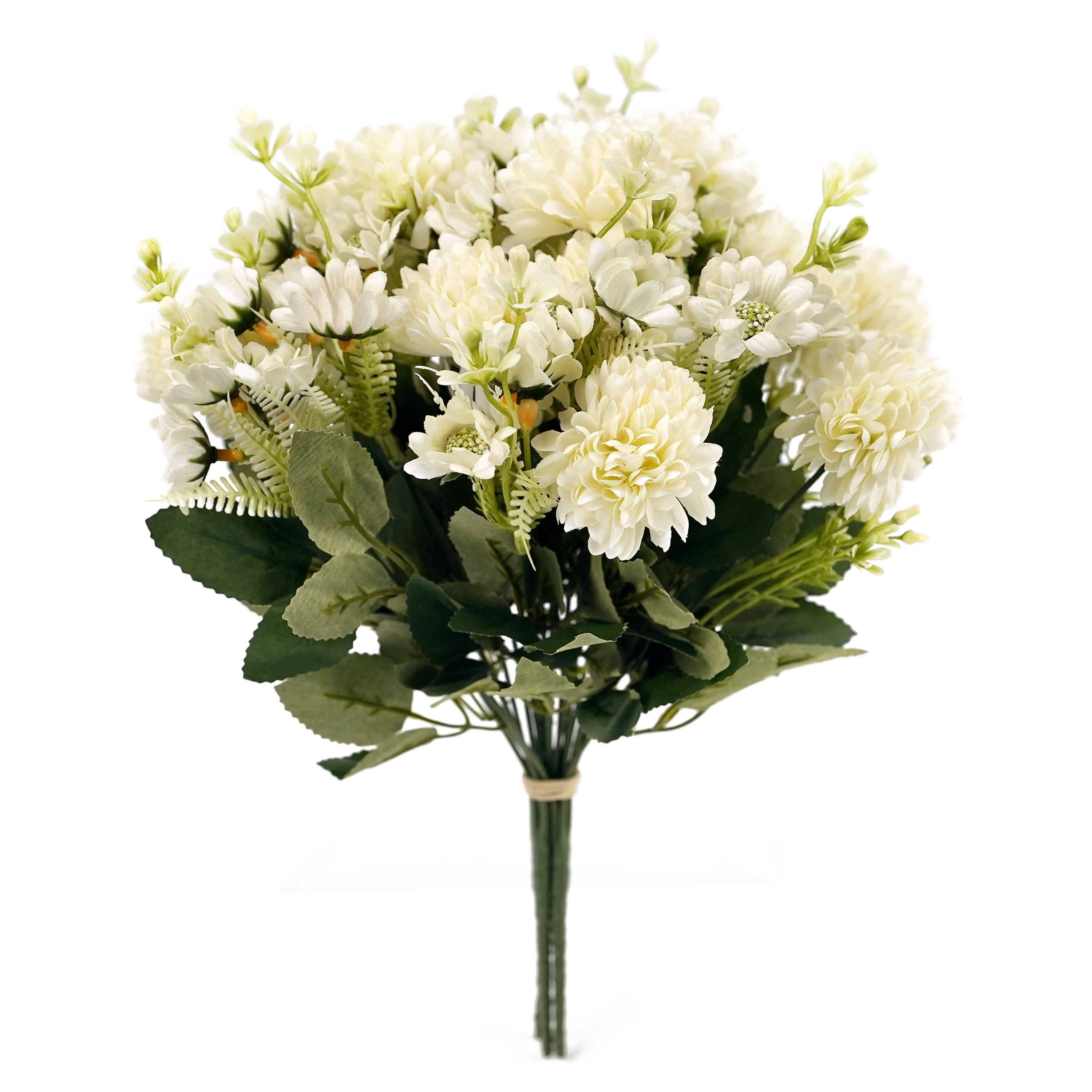 Boquetx 3 Branches Assorted Long petal Pom mums White Artificial Flower Bouquet 33cm Tall