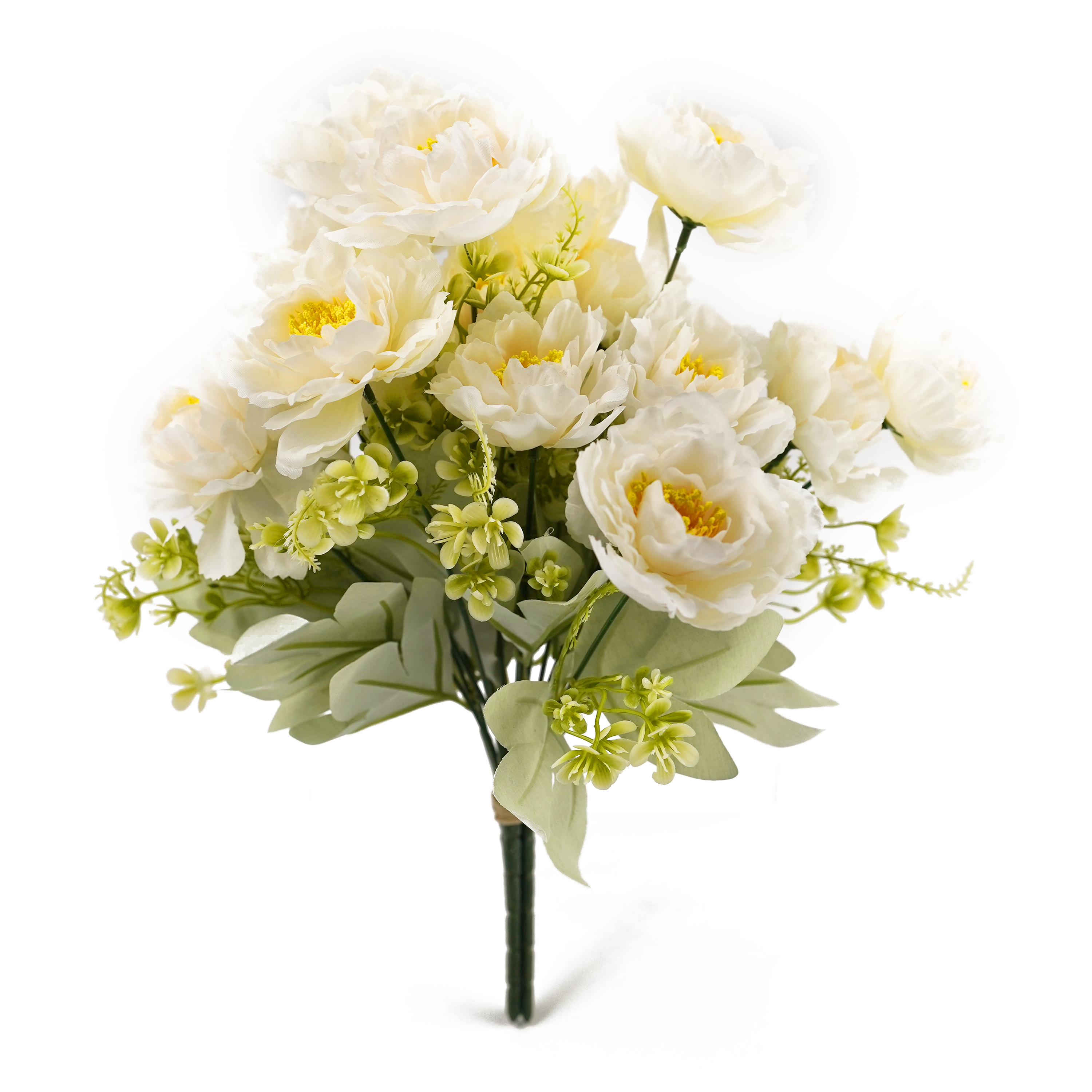 Boquetx Decorative 3 Branches White Assorted Artificial Peony Flower Bouquet 35cm Tall