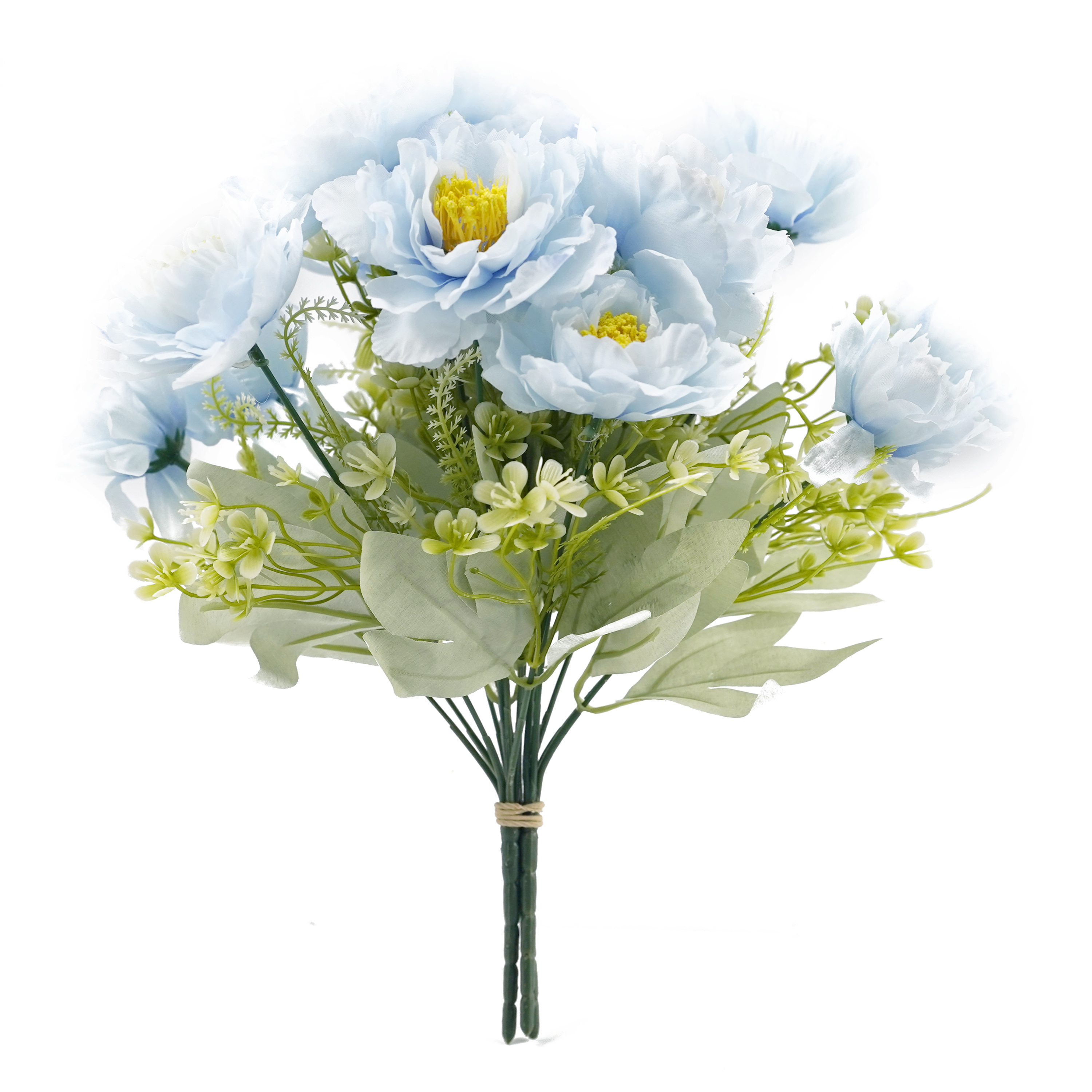 Boquetx Decorative 3 Branches Blue Assorted Artificial Peony Flower Bouquet 35cm Tall