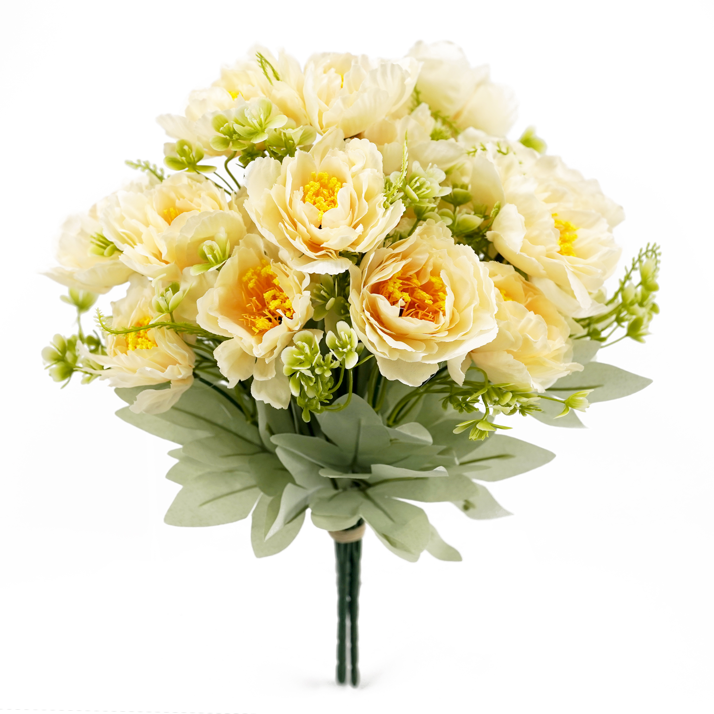 Boquetx Decorative 3 Branches Beige Assorted Artificial Peony Flower Bouquet 35cm Tall