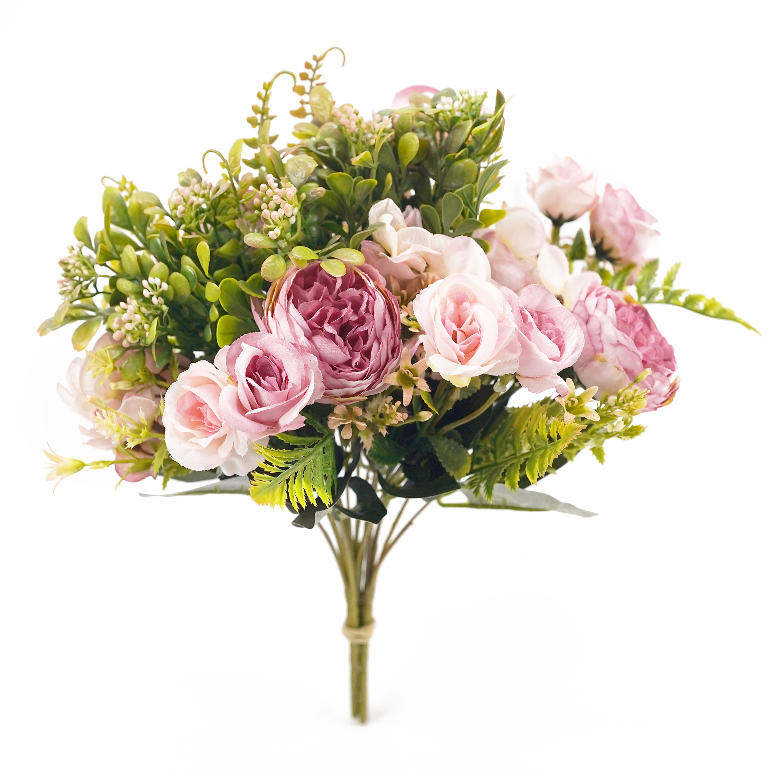 Boquetx 3 Branches Assorted Artificial Flower Arrangement Pink Peony mix Rose 31cm Tall