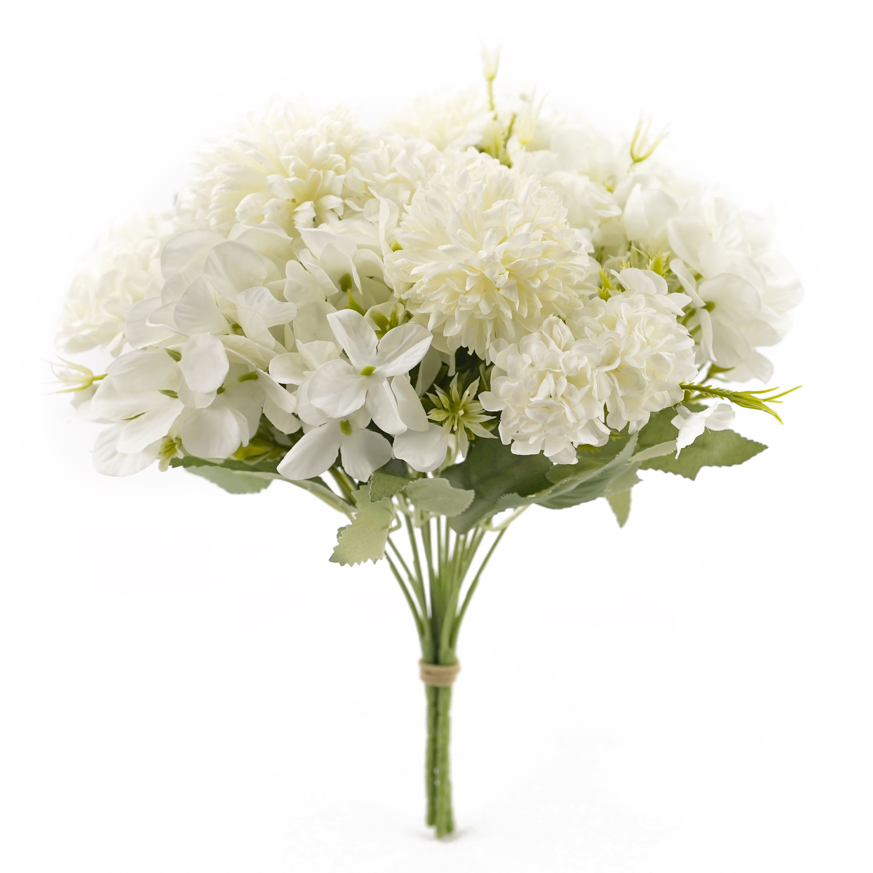 Boquetx Assorted 3 Branches White Pom mums mix Hydrangea Artificial Flower Arrangement 29cm Tall