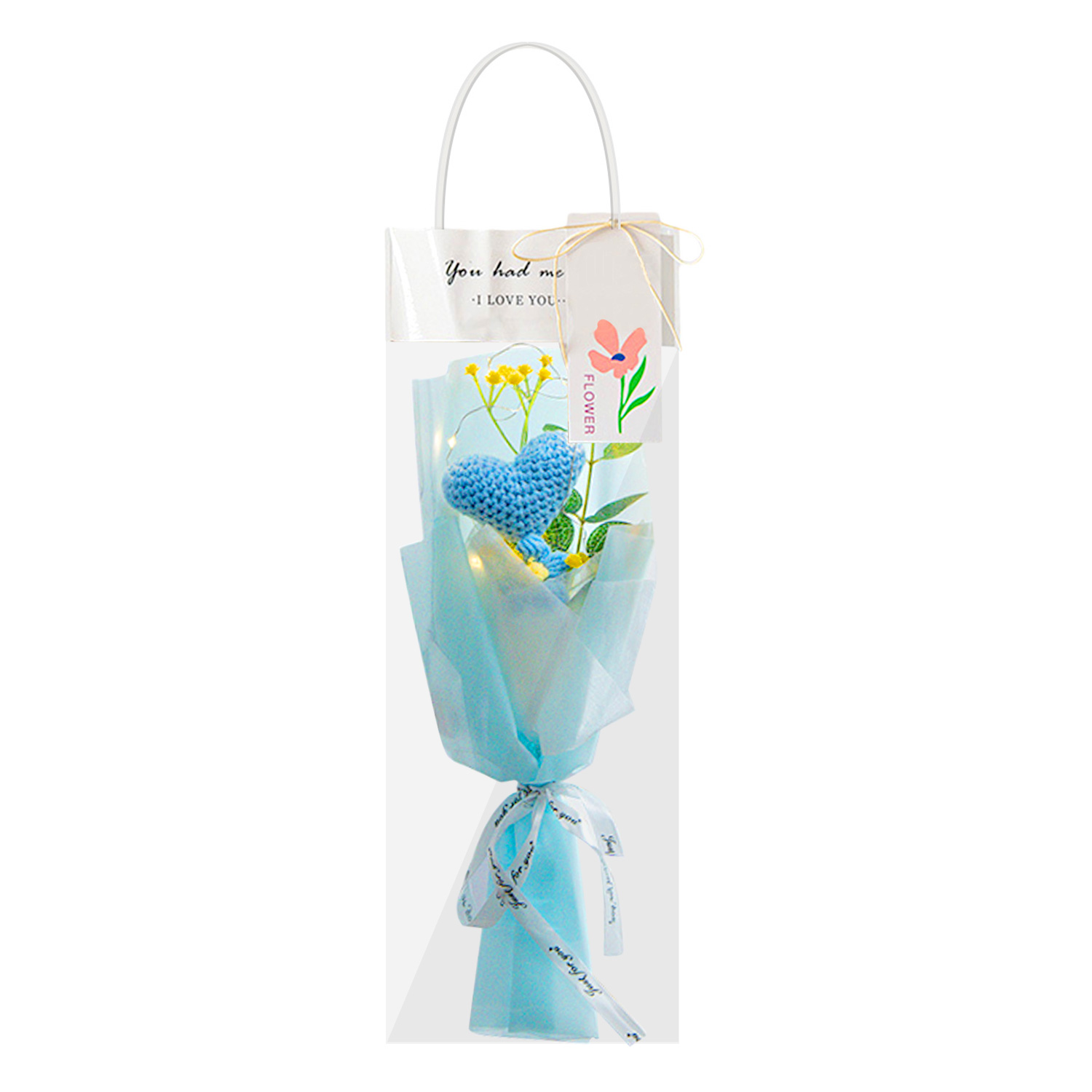 Boquetx Artificial Flower Handmade Knitted Blue Heart Bouquet fo